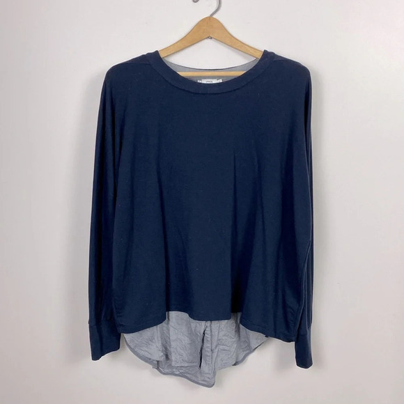 Vince womens Mixed Media Blue Chambray Shirttail blouse long sleeve crew neck - Picture 2 of 13